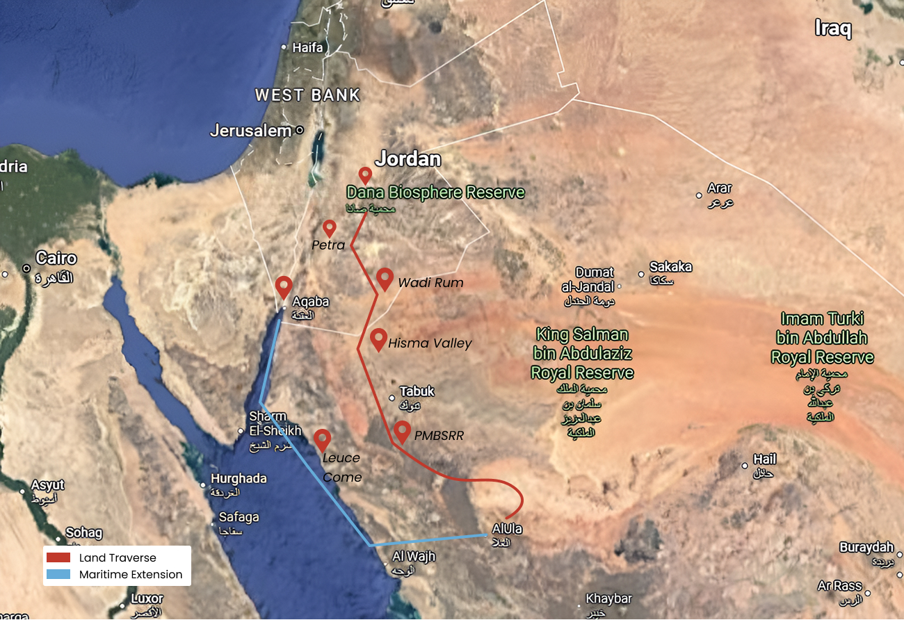 Route map from Dana to Wadi Rum to Hisma in Jordan